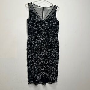 ADRIANNA PAPELL | Black and White V-Neck Polka Dot Dress with Layers